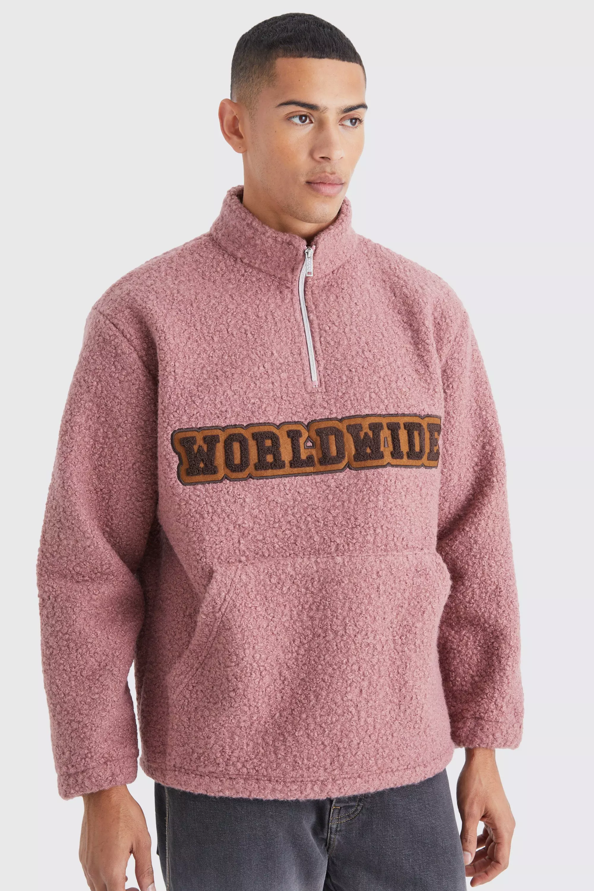 Oversized 1/4 Zip Boucle Applique Sweatshirt Mauve