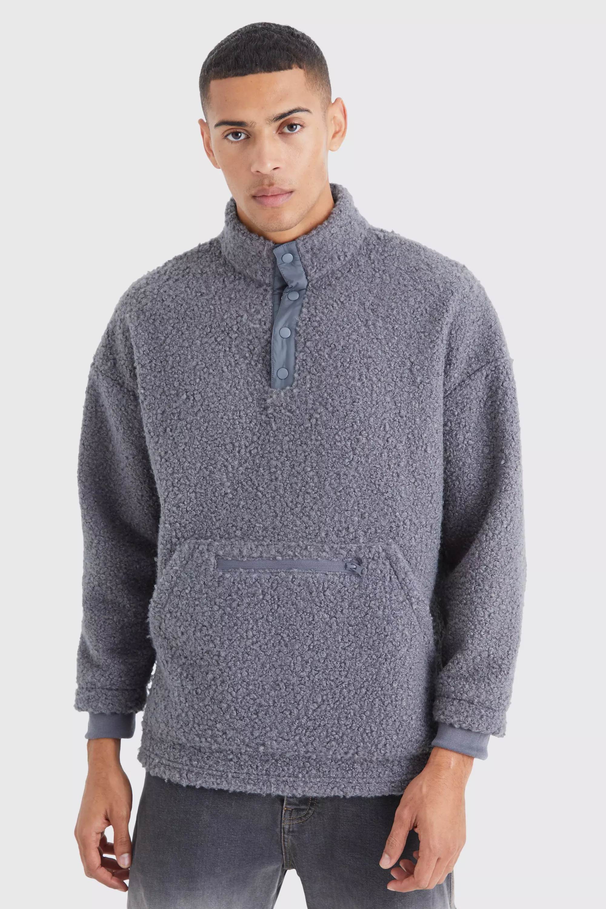 Oversized 1/4 Button Funnel Neck Boucle Sweatshirt Charcoal