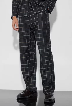 Black Relaxed Fit Windowpane Check Suit Pants