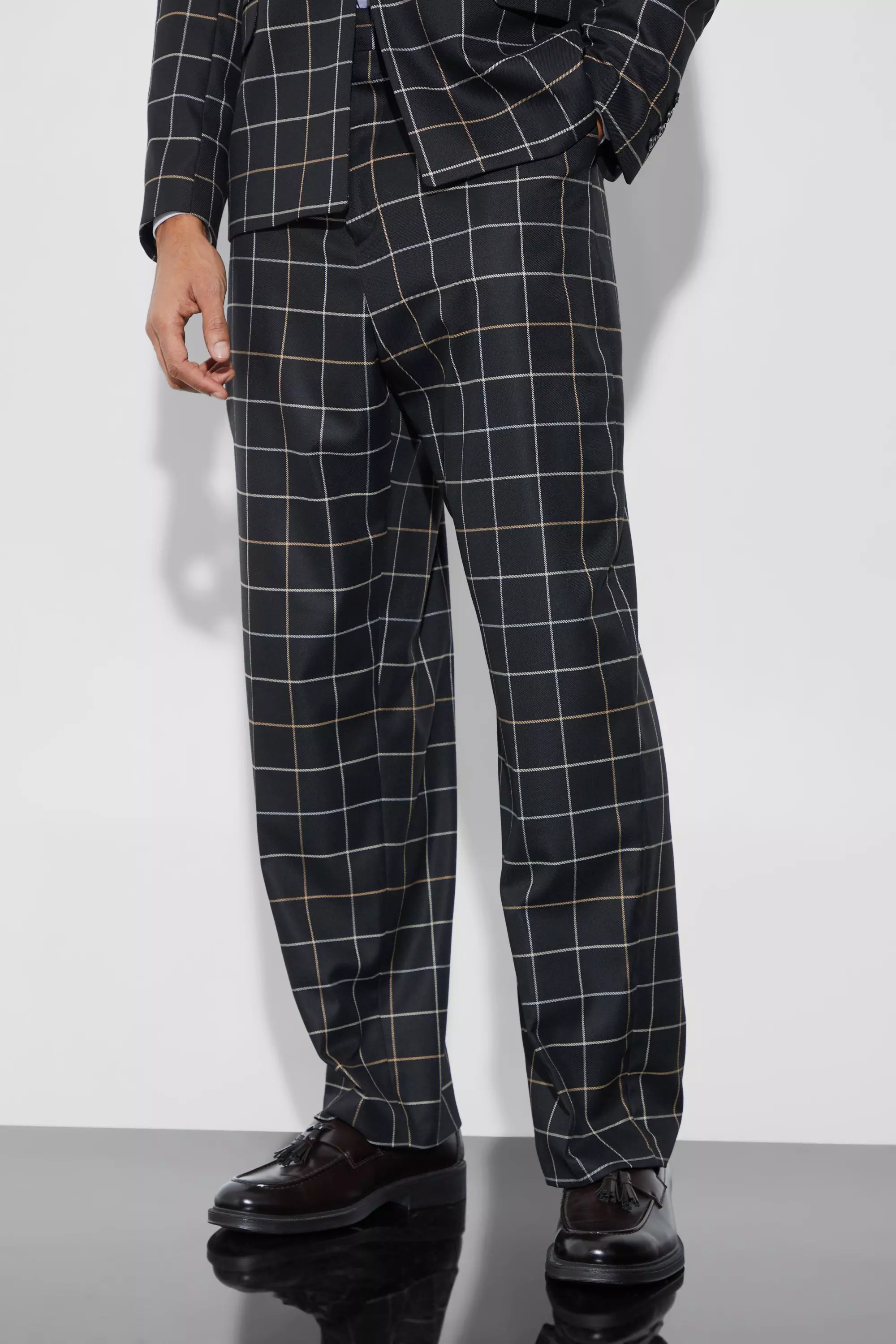 Black Relaxed Fit Windowpane Check Suit Pants