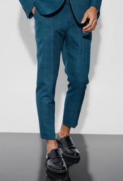 Navy High Rise Tapered Check Fabric Interest Pants