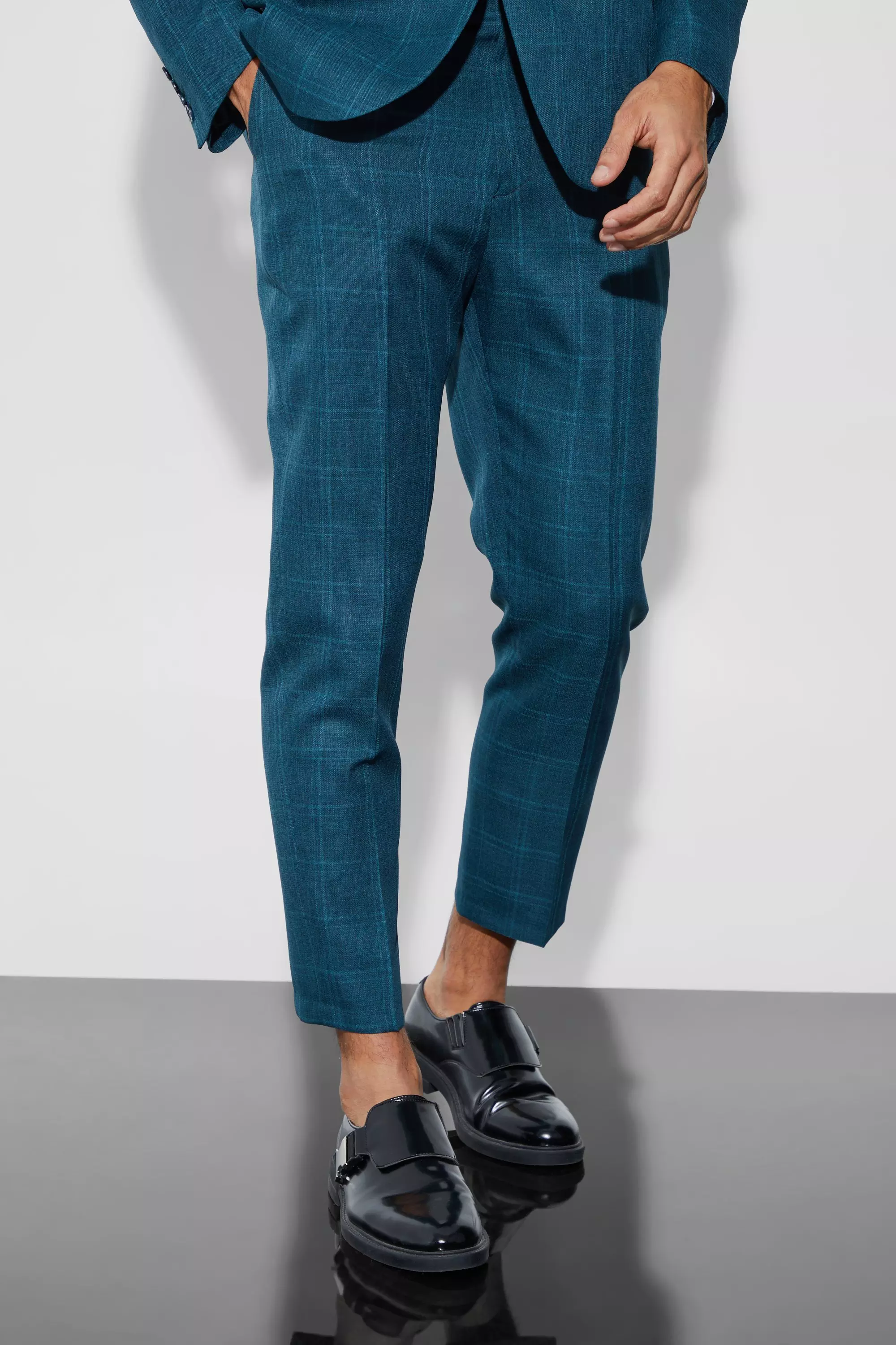 High Rise Tapered Check Fabric Interest Pants Navy
