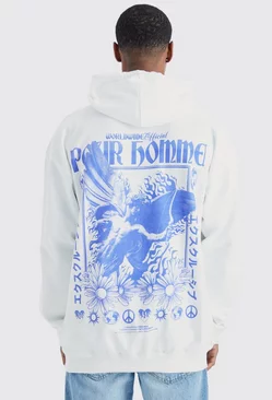White Oversized Floral Cupid Back Graphic Hoodie