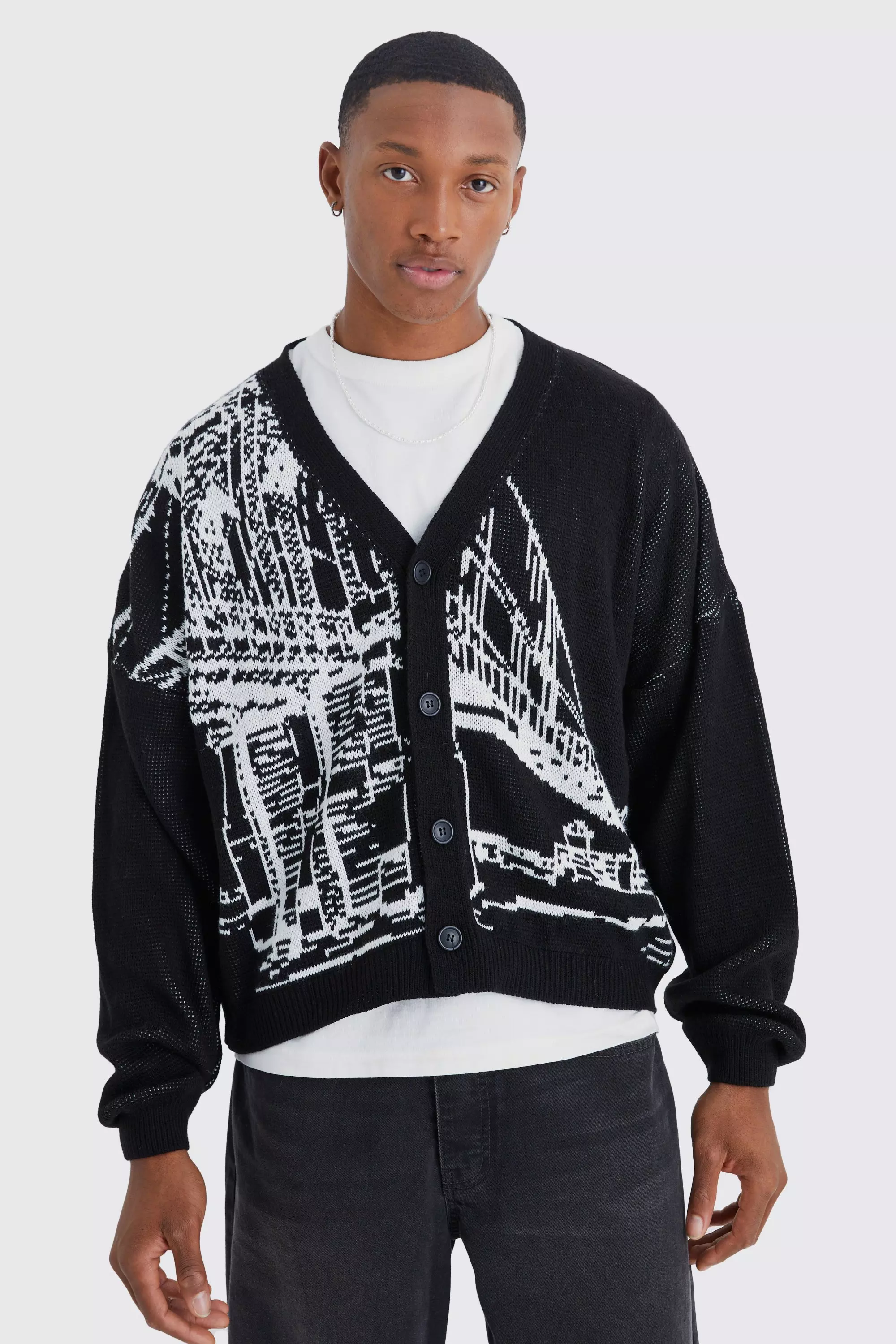 Boxy Oversized Line Graphic Cardigan Black