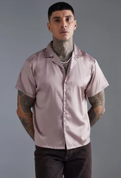 Short Sleeve Boxy Satin Shirt Taupe