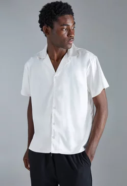 Short Sleeve Boxy Satin Shirt White