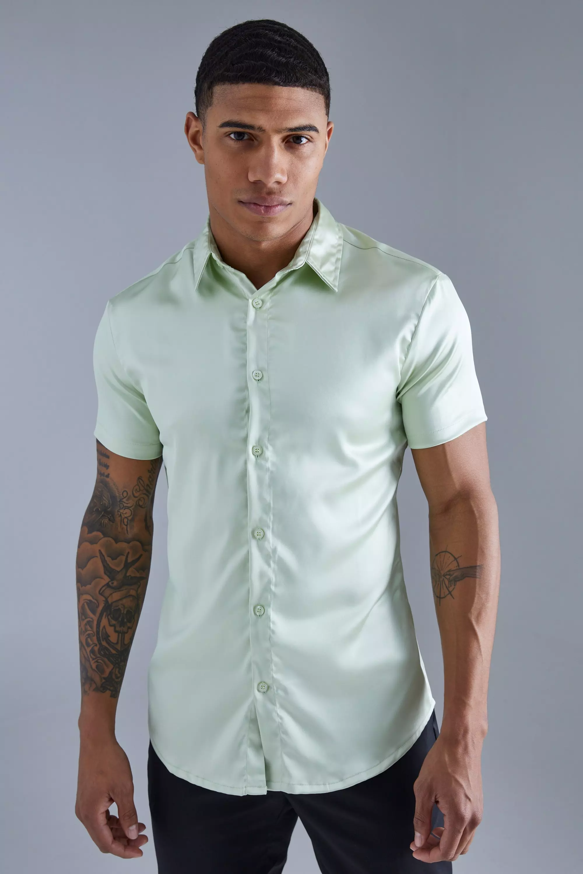 Short Sleeve Muscle Satin Shirt boohooMAN