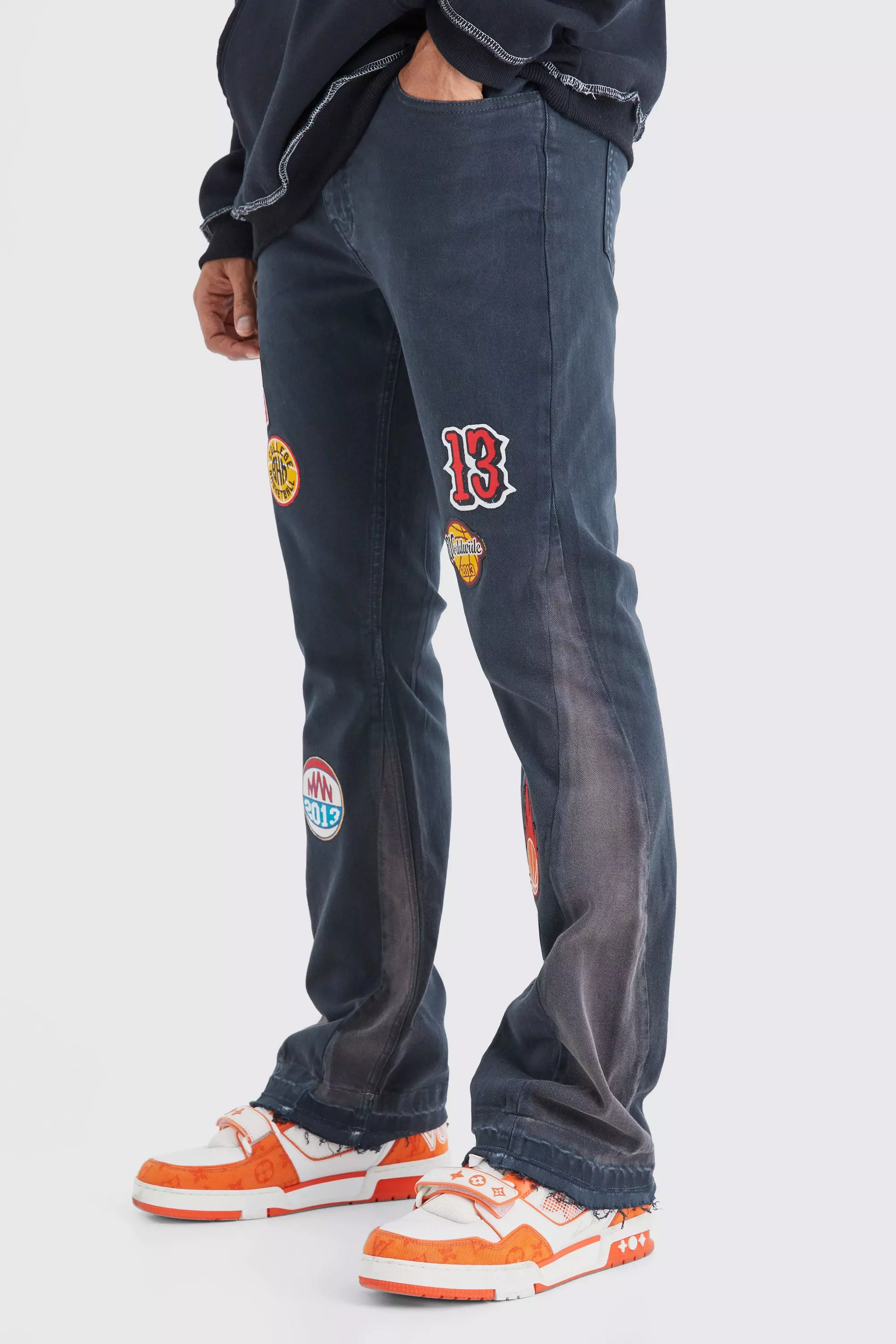 Charcoal Grey Straight Flare Gusset Applique Badge Cargo Trouser