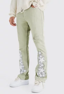 Sage Green Slim Flare Distressed Applique Gusset Trouser