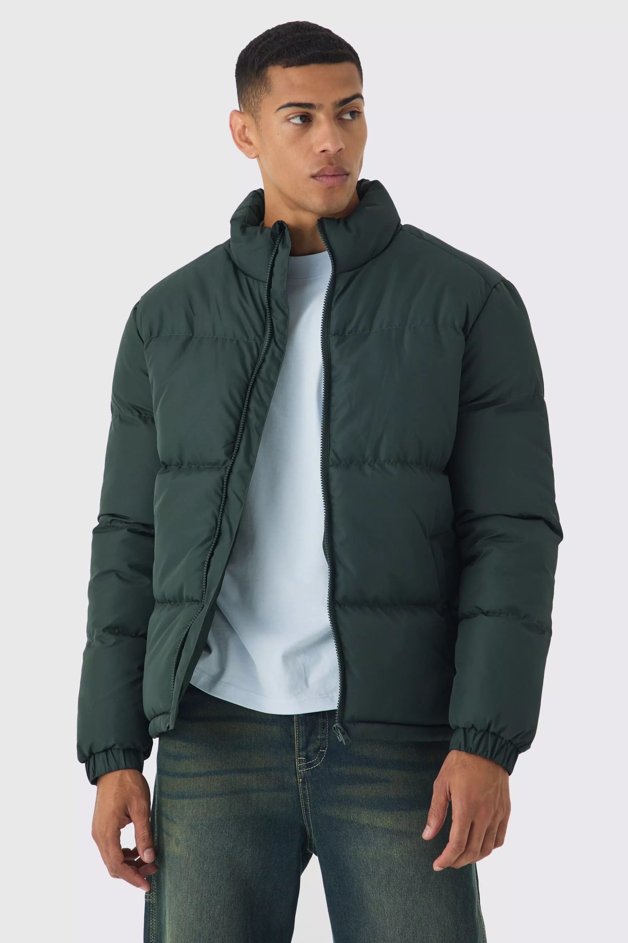 Funnel Neck Puffer Jacket in Khaki Khaki