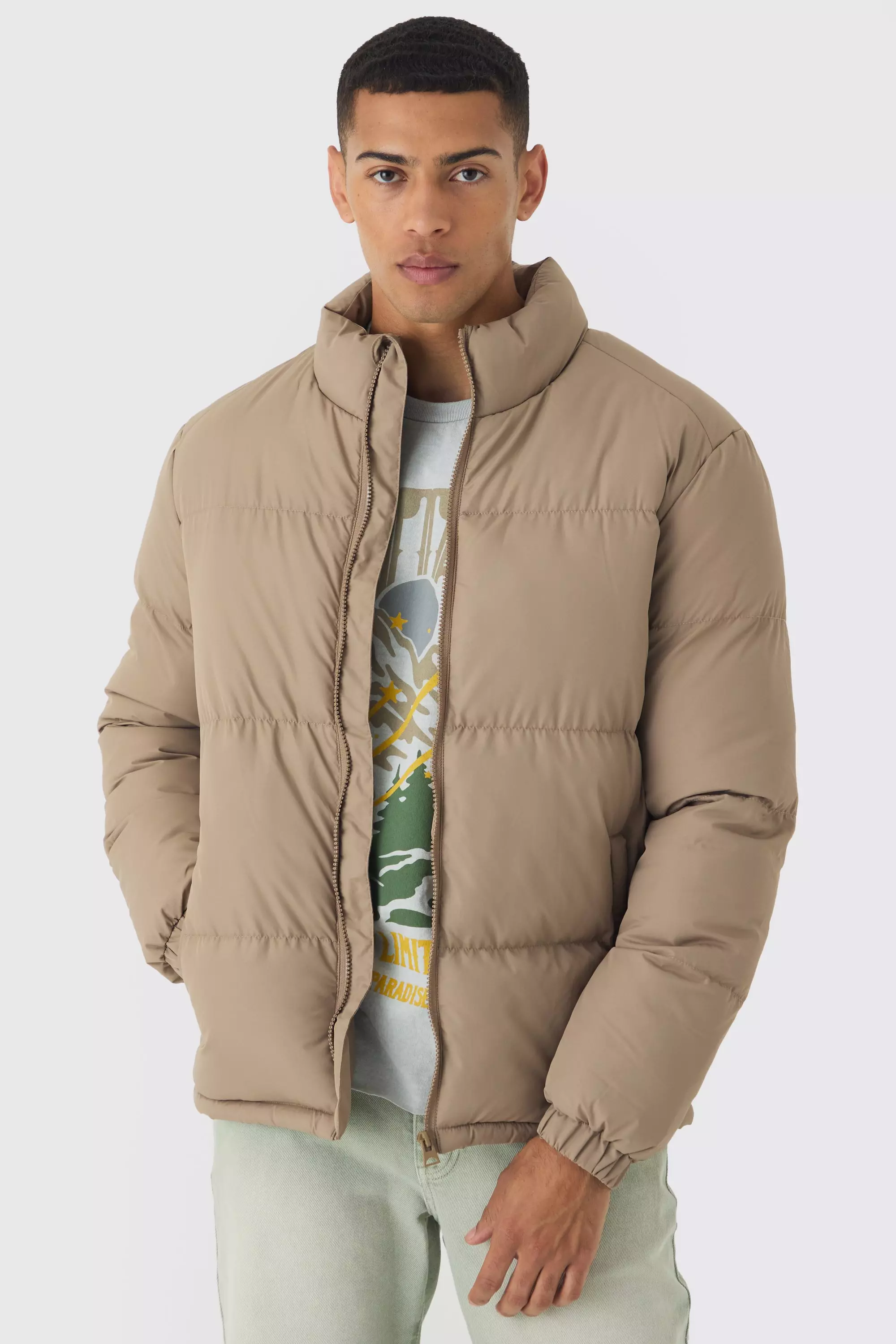 Funnel Neck Puffer Jacket in Stone Stone