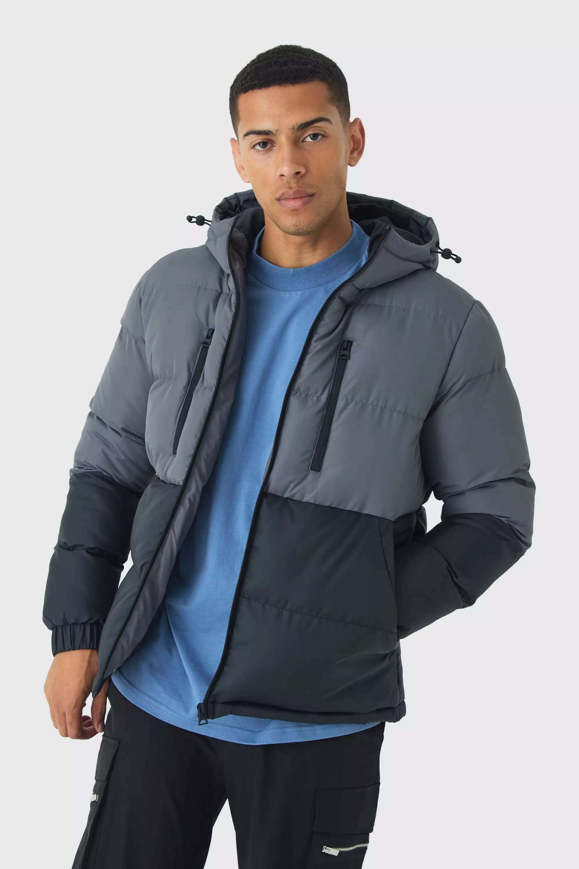 Colour Block Hooded Puffer in Charcoal Charcoal