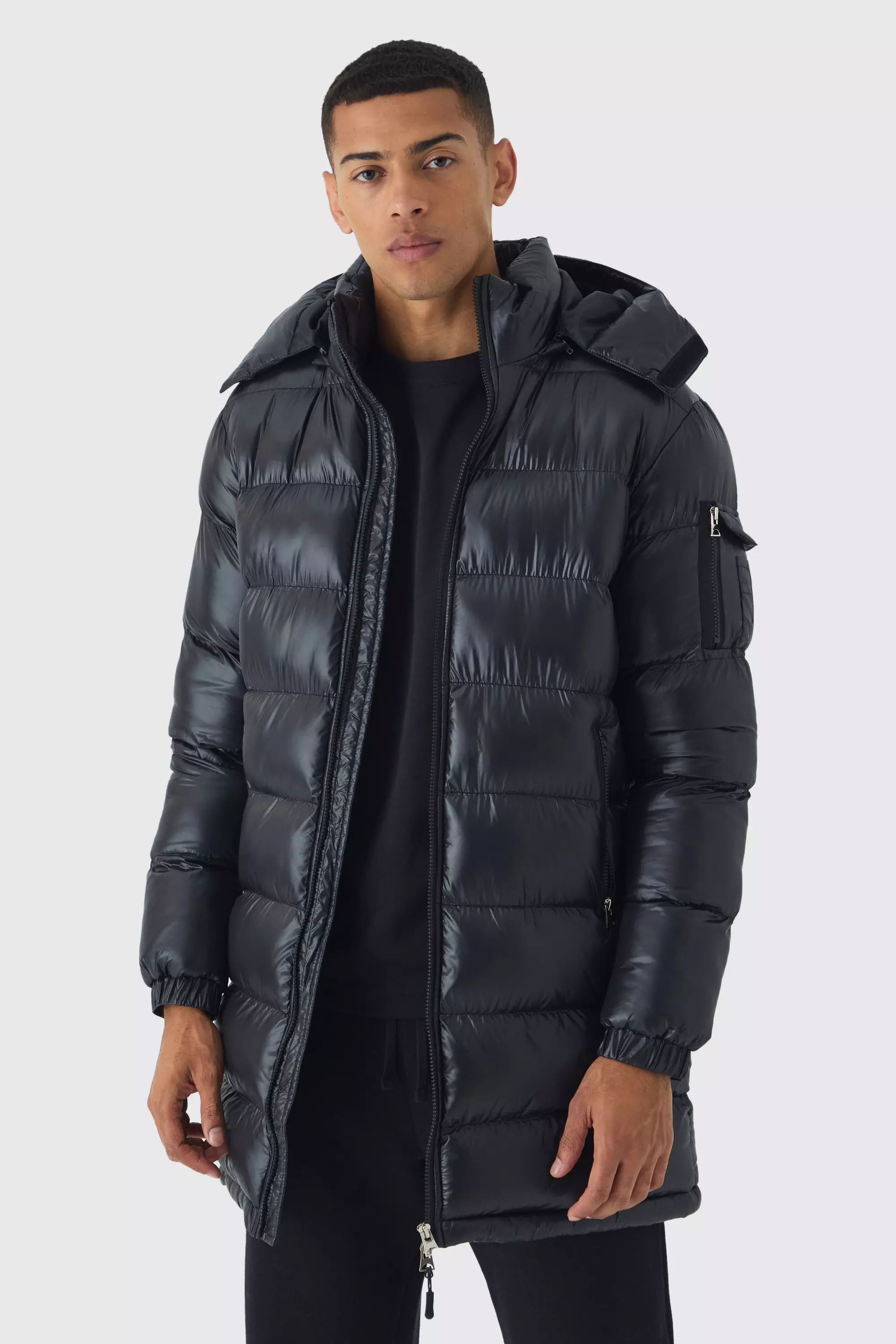 Longline High Shine Hooded Puffer in Black Black