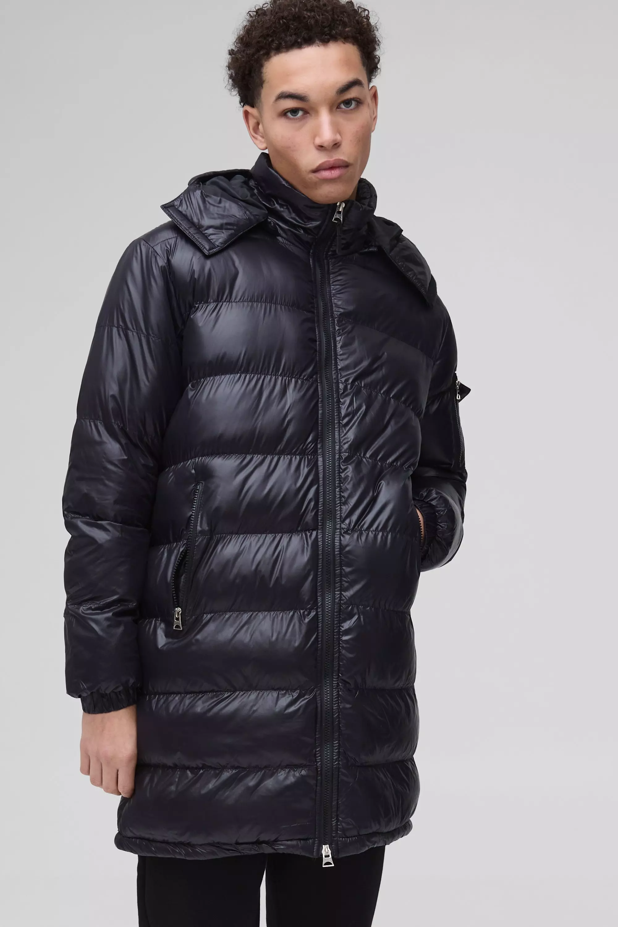 Black Longline High Shine Padded Puffer With Hood