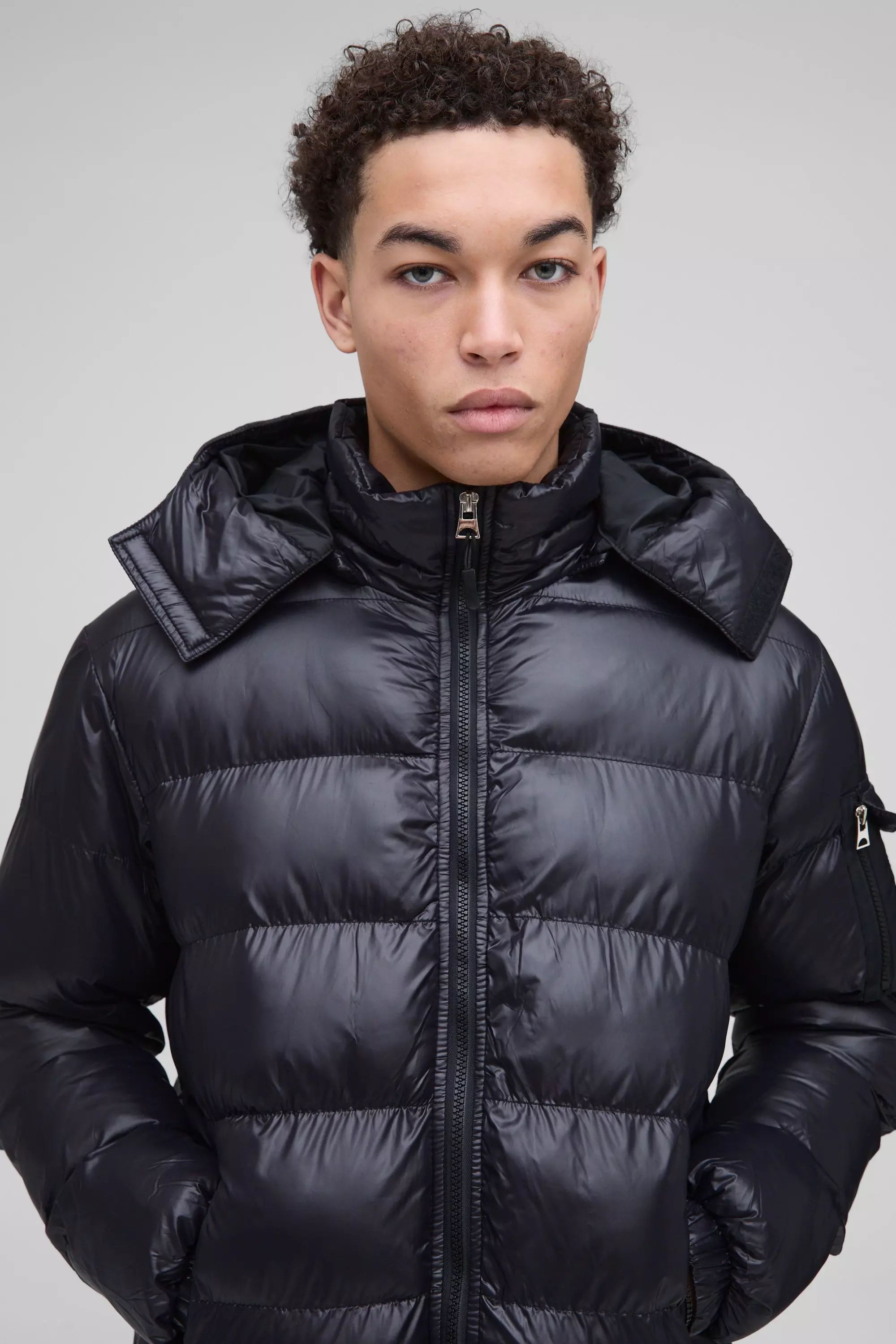 Longline High Shine Hooded Puffer in Black boohooMAN UK