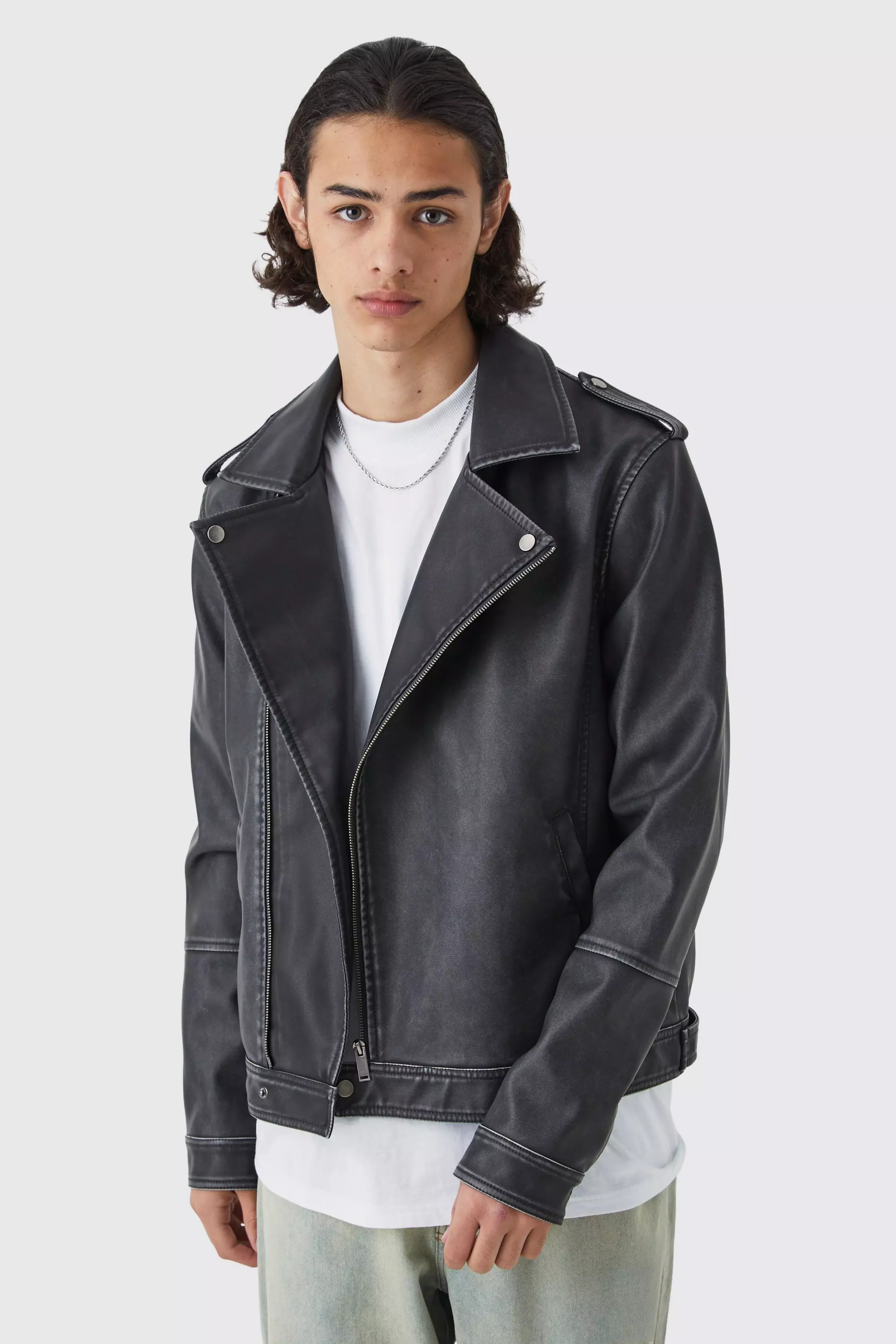 Regular Fit Washed Pu Biker Black