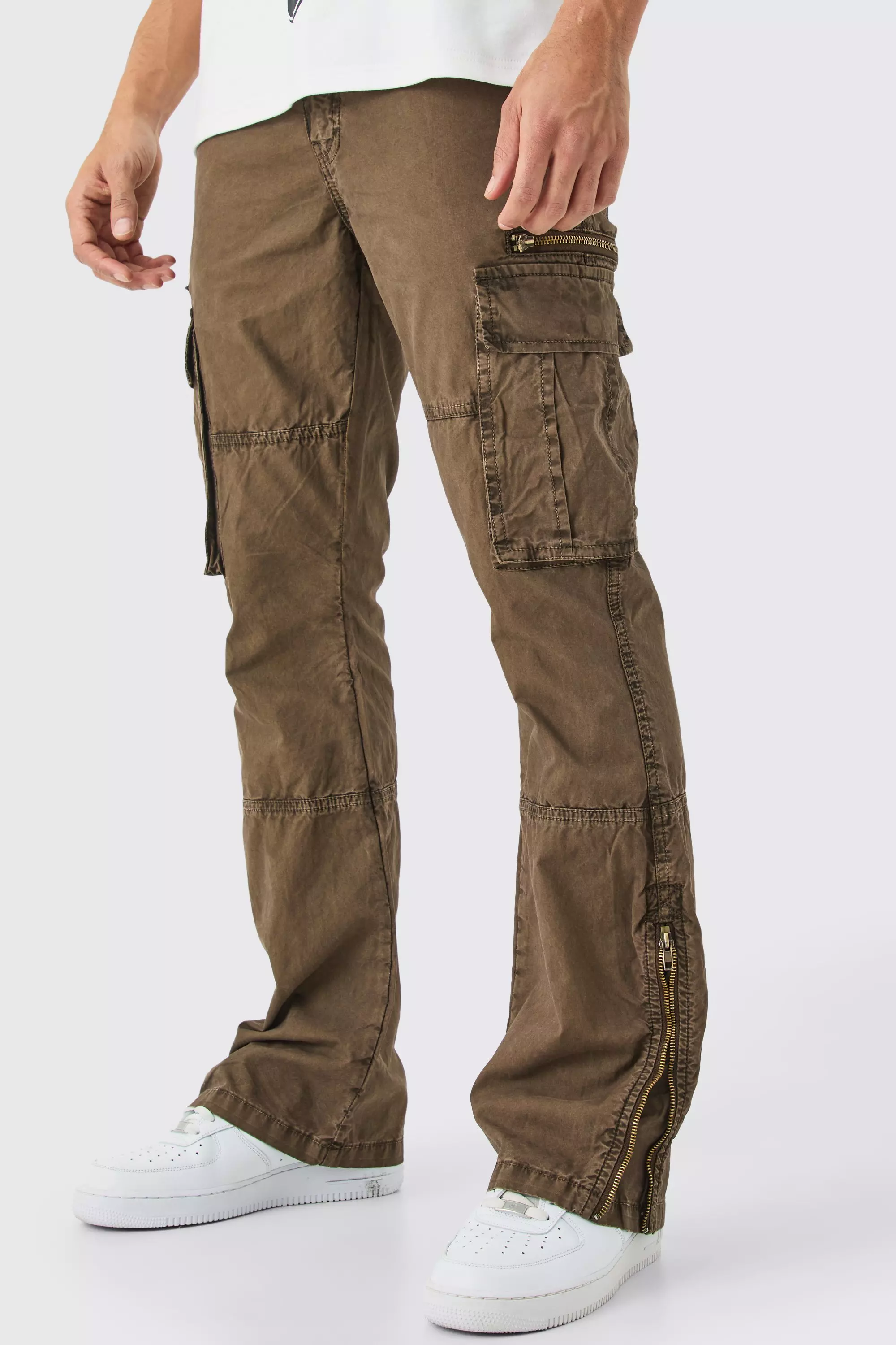 Chocolate Brown Slim Flare Zip Gusset Overdye Acid Wash Cargo Pants