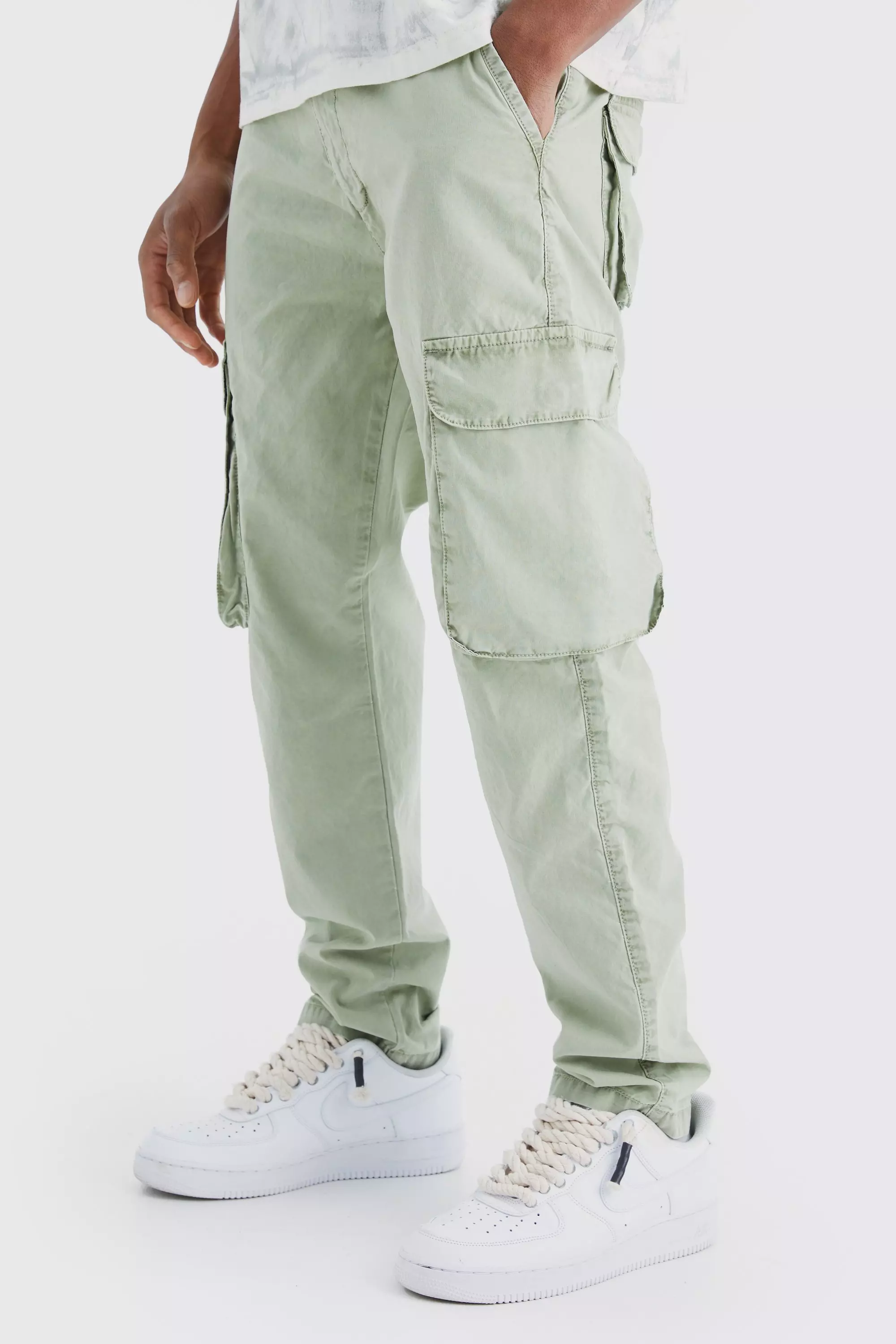 Sage Green Slim Fit Overdye Acid Wash Cargo Trouser