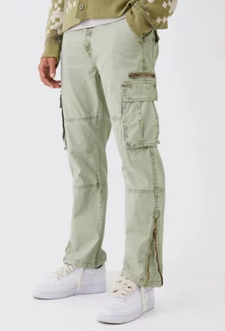 Sage Green Straight Leg Overdye Acid Wash Multi Zip Cargo Trouser