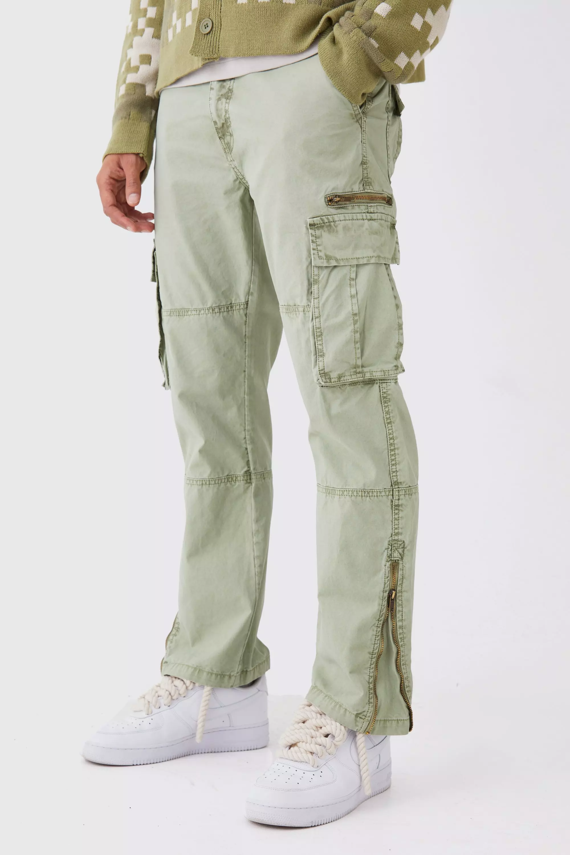 Sage Green Straight Leg Overdye Acid Wash Multi Zip Cargo Trouser