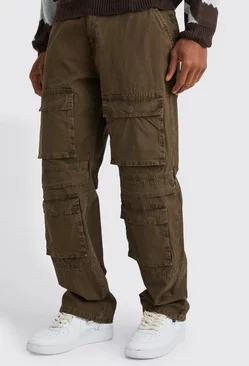 Chocolate Brown Relaxed Overdye Acid Wash Multi Cargo Pants