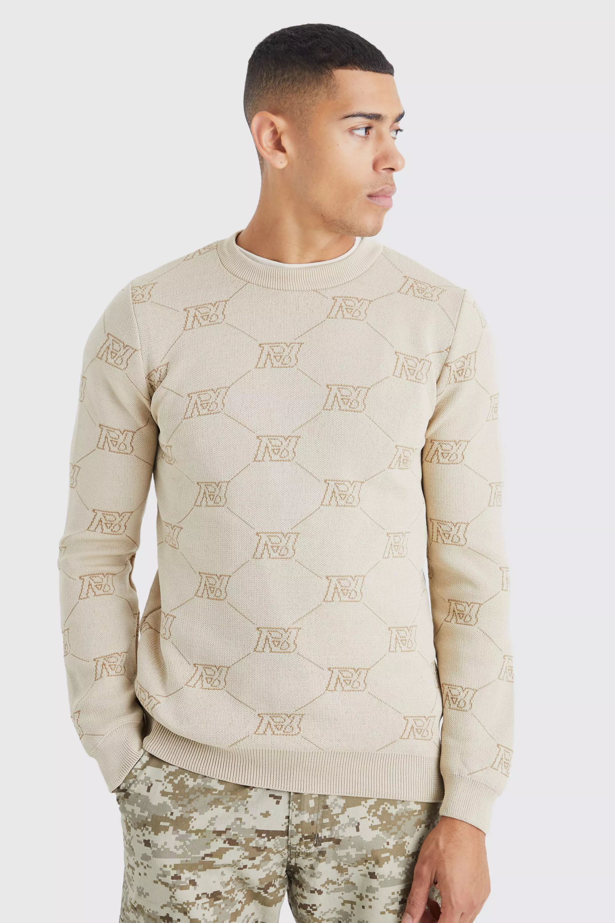 Regular Fit Jacquard Knitted Sweater Stone