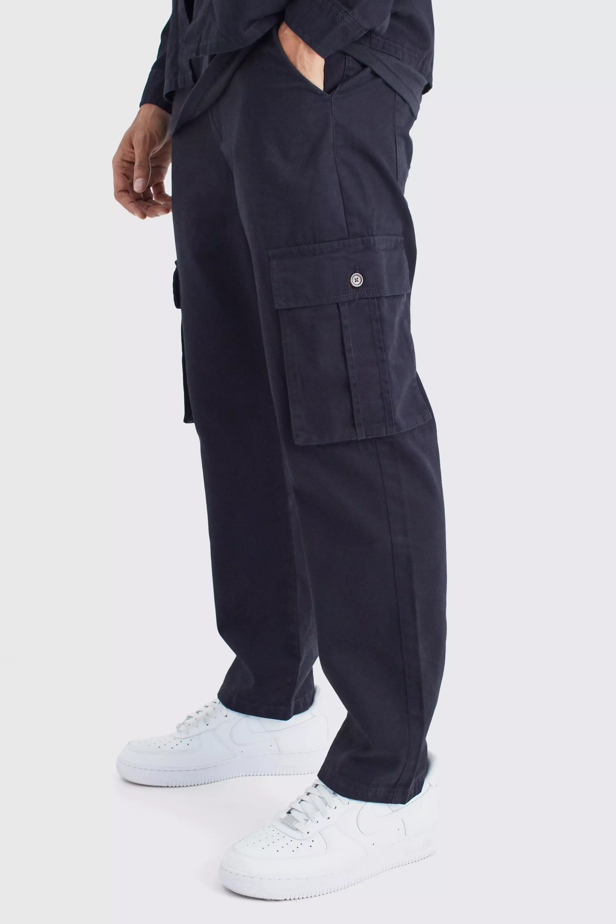 Fixed Waist Dragon Embroidered Straight Leg Cargo Pants Black