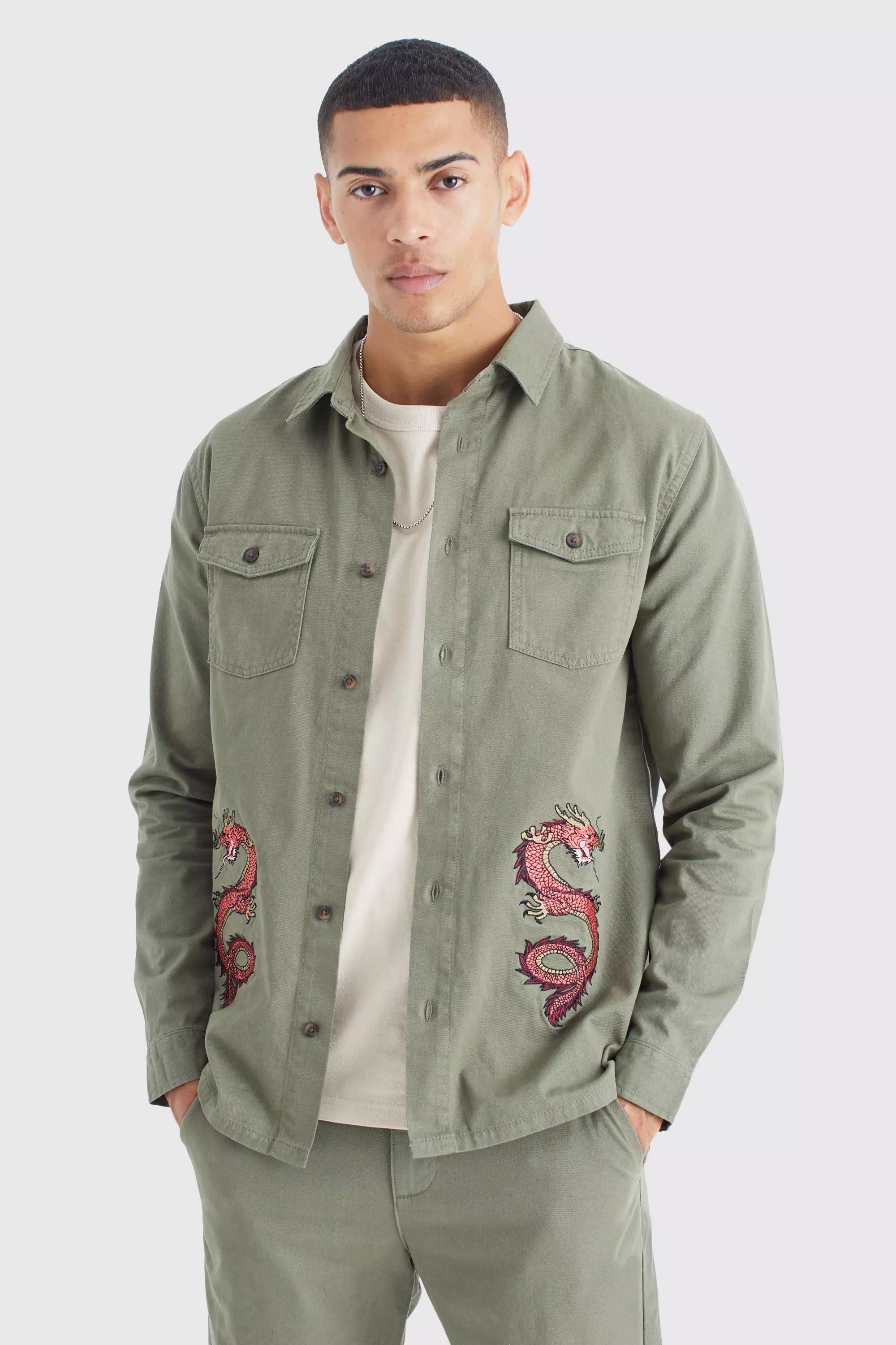 Longsleeve Dragon Embroidered Overshirt Khaki