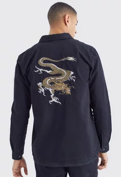 Twill Longsleeve Dragon Embroidered Overshirt Black