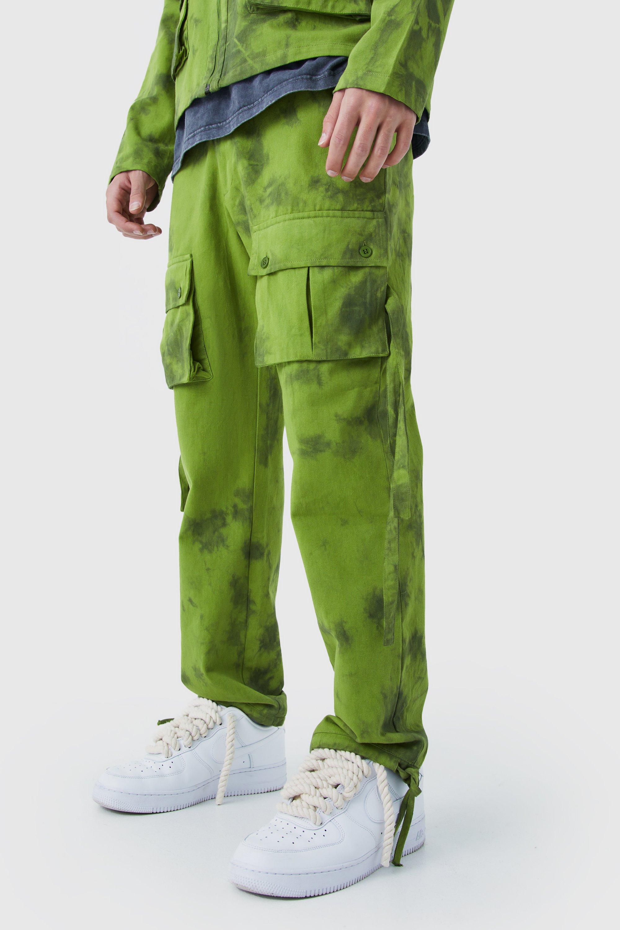 Khaki Twill Tie Dye Fixed Waist Straight Leg Cargo Trouser