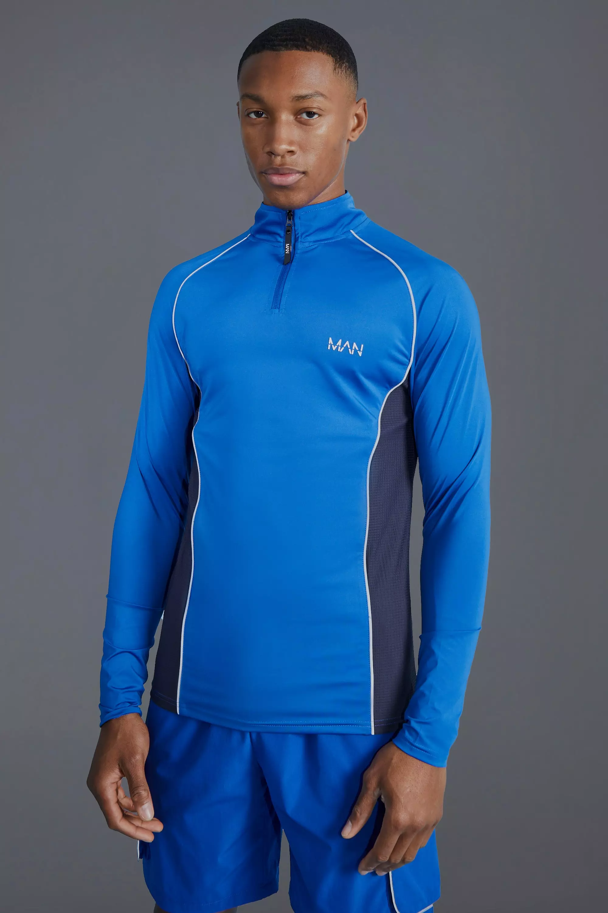 Man Active Mesh Panelled Muscle Fit 1/4 Zip Top Cobalt