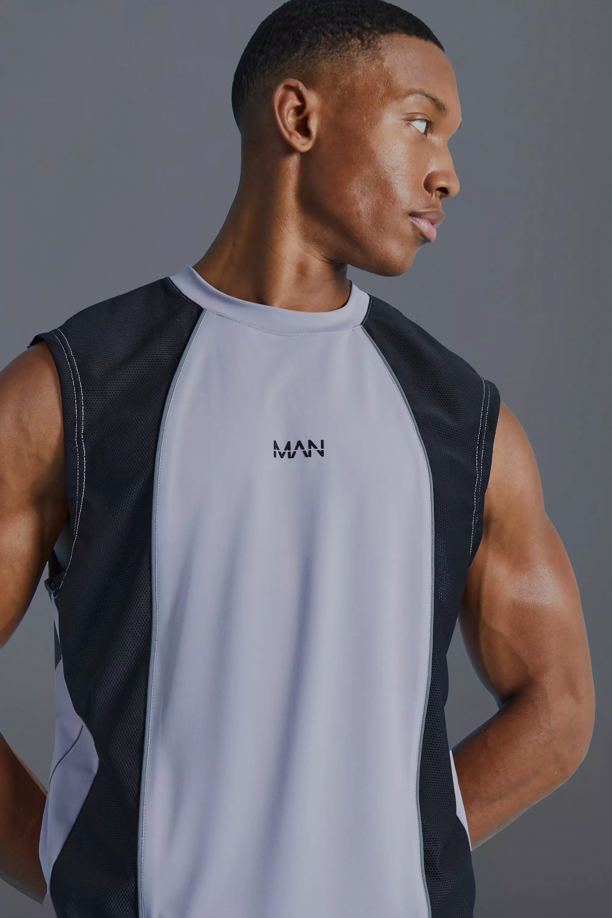 Charcoal Grey Man Active Muscle Fit Colour Block Vest