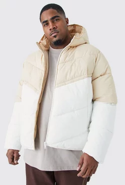 Stone Beige Plus Man Colour Block Quilted Puffer With Hood