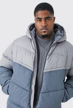 Grey Plus Man Colour Block Quilted Puffer With Hood