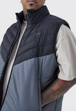 Plus Man Colour Block Quilted Funnel Neck Gilet Charcoal