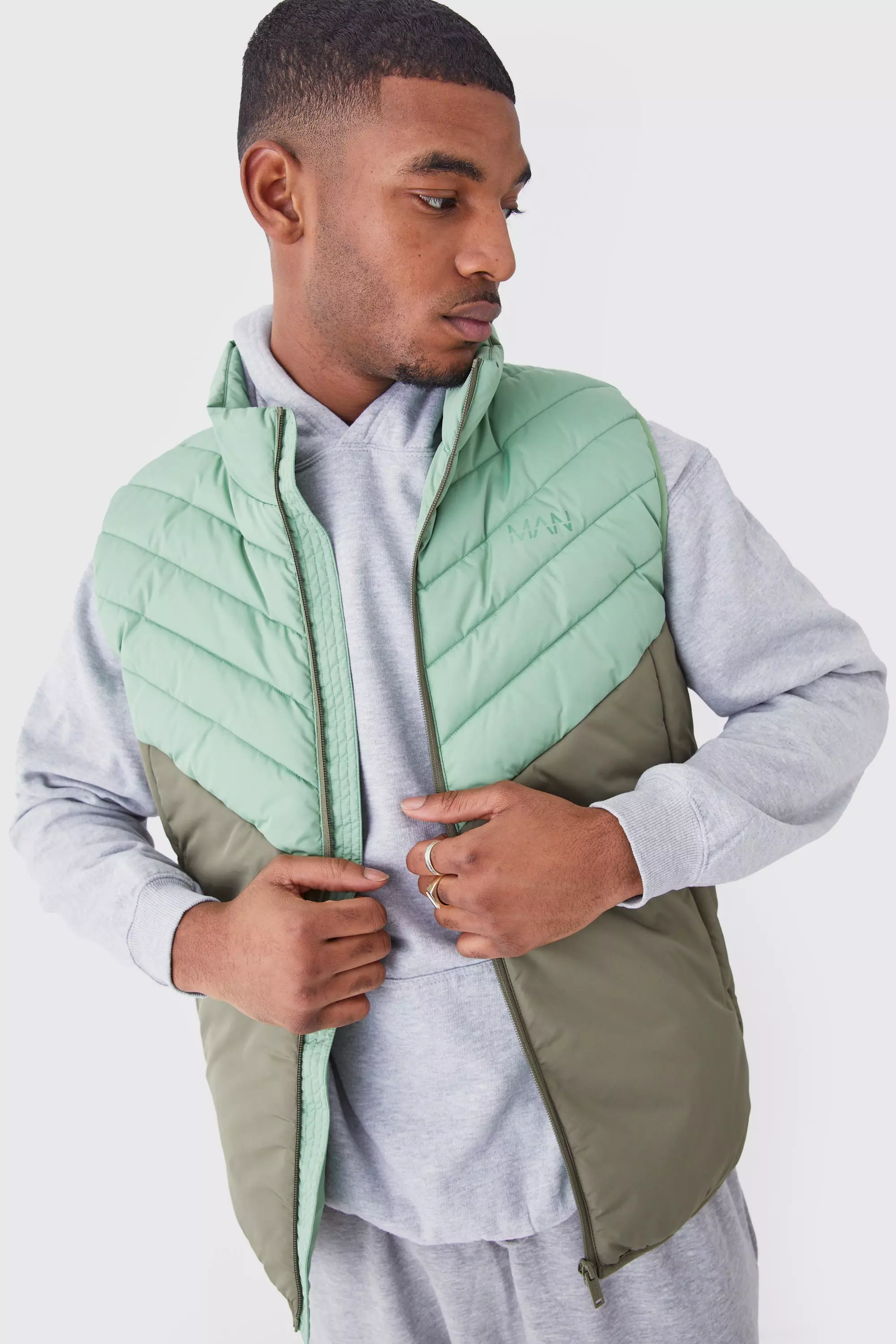 Tall Man Colour Block Quilted Funnel Neck Vest Khaki