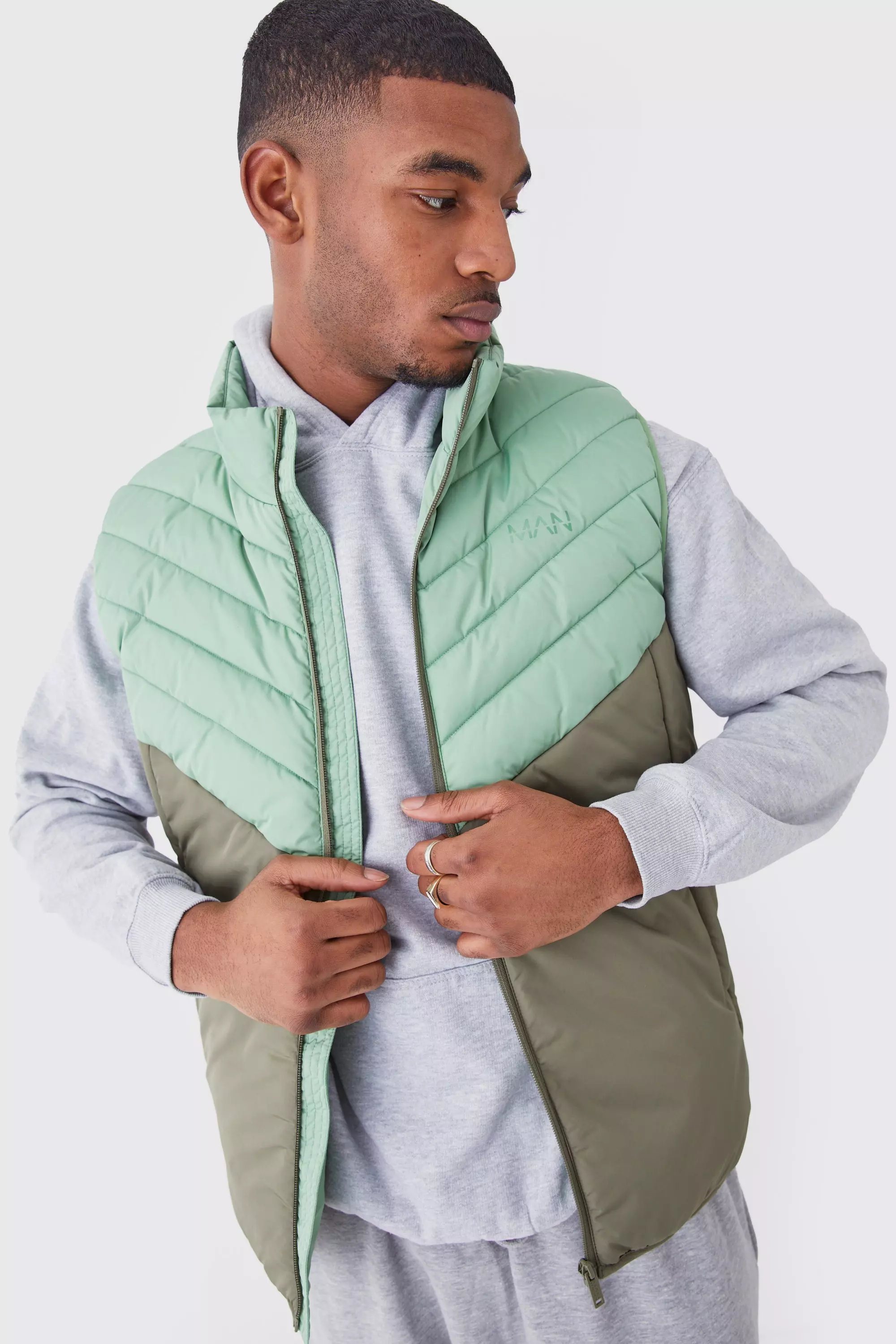 Tall Man Colour Block Quilted Funnel Neck Gilet Khaki