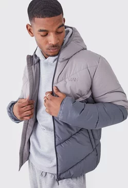 Tall Man Colour Block Quilted Puffer With Hood Grey