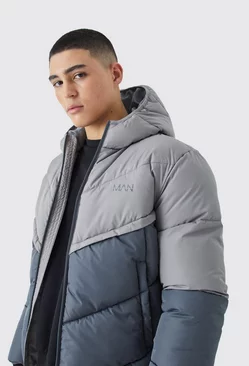 Grey Man Colour Block Quilted Puffer With Hood