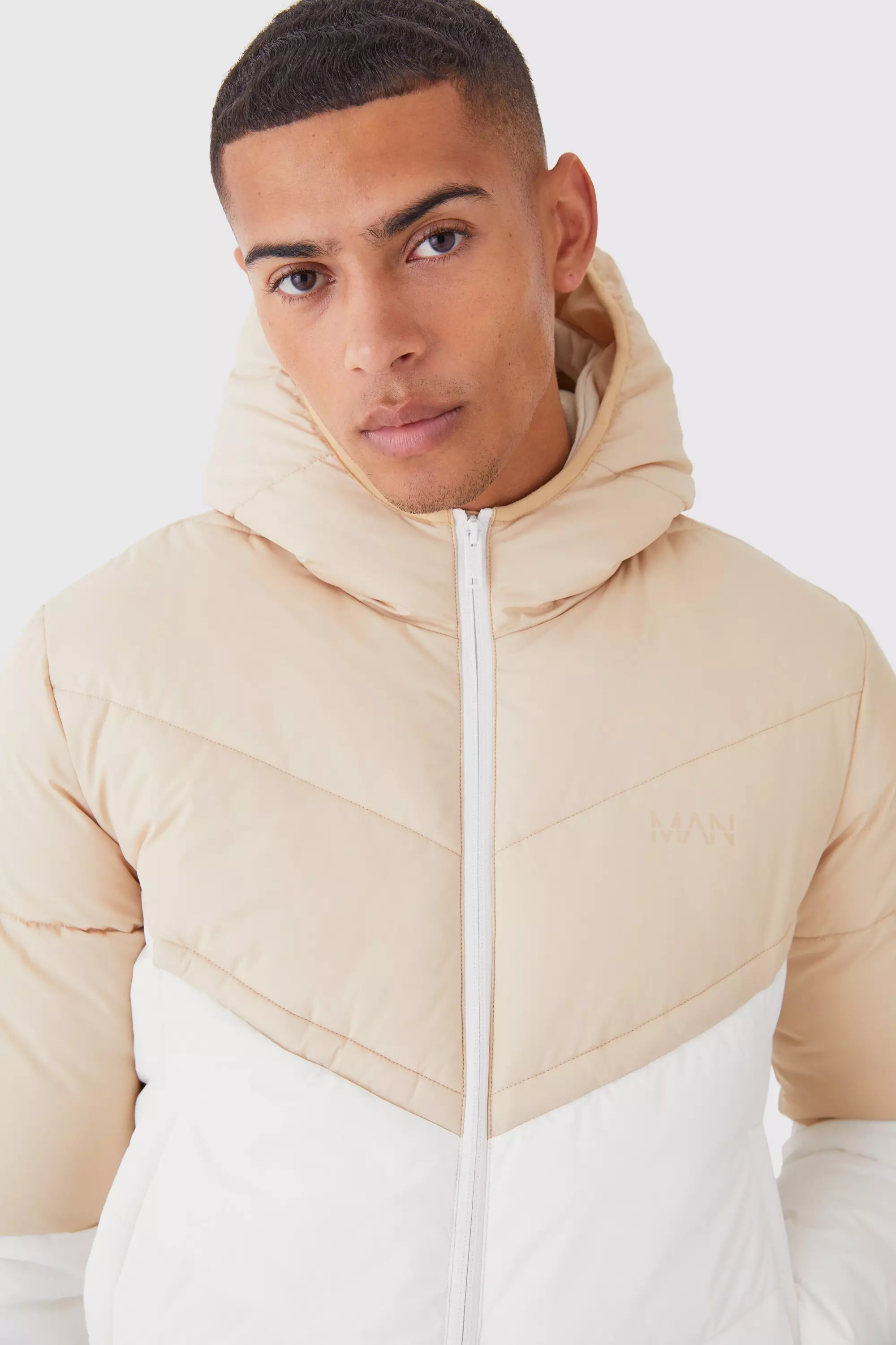 Man Colour Block Quilted Puffer With Hood Stone