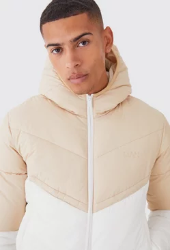 Man Colour Block Quilted Puffer With Hood Stone
