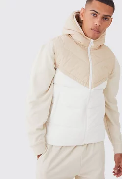 Stone Beige Man Colour Block Quilted Hooded Gilet
