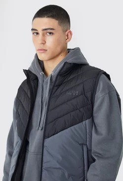Man Colour Block Quilted Funnel Neck Gilet Charcoal