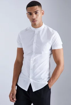 White Short Sleeve Grandad Collar Muscle Shirt