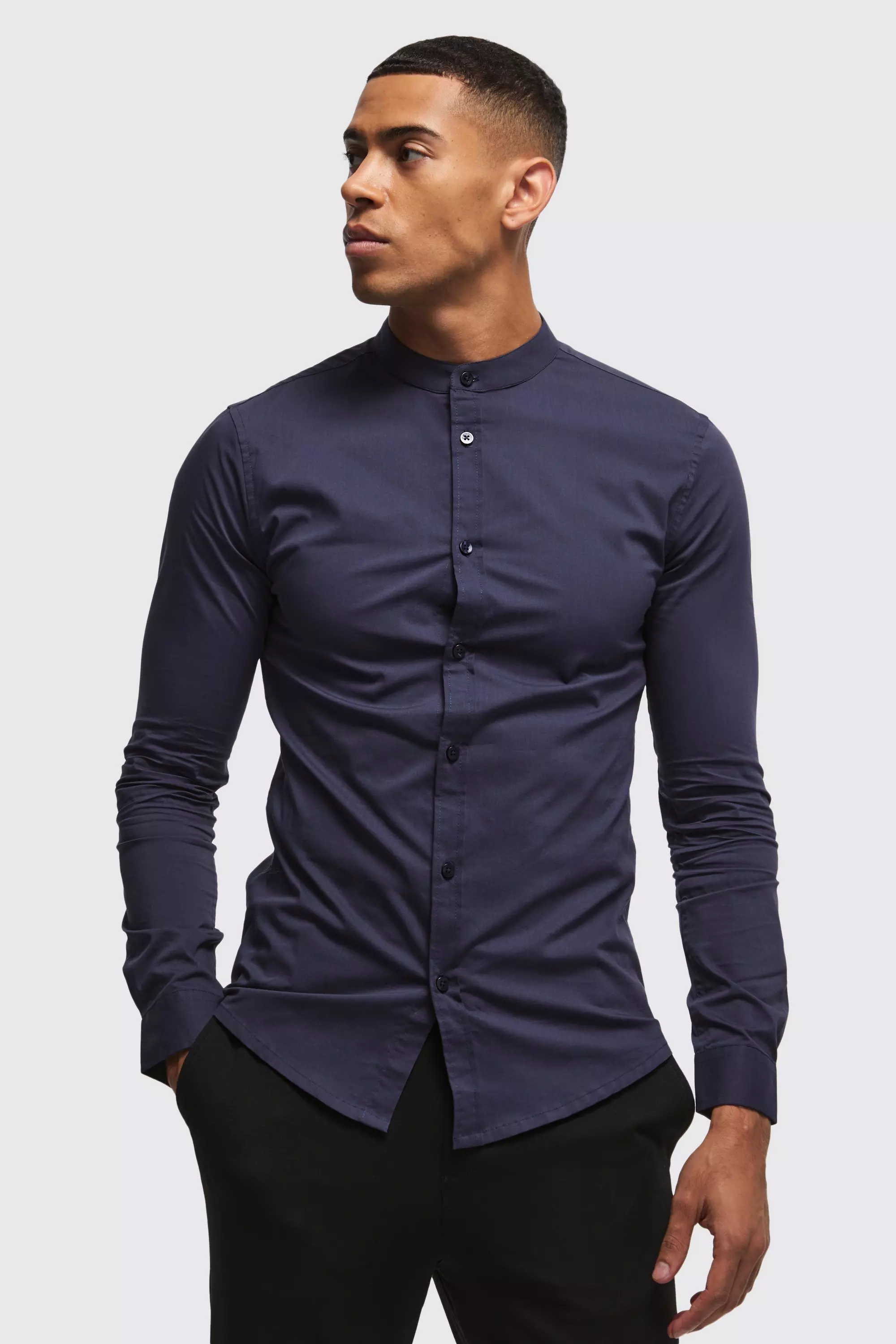 Long Sleeve Grandad Collar Stretch Shirt Navy