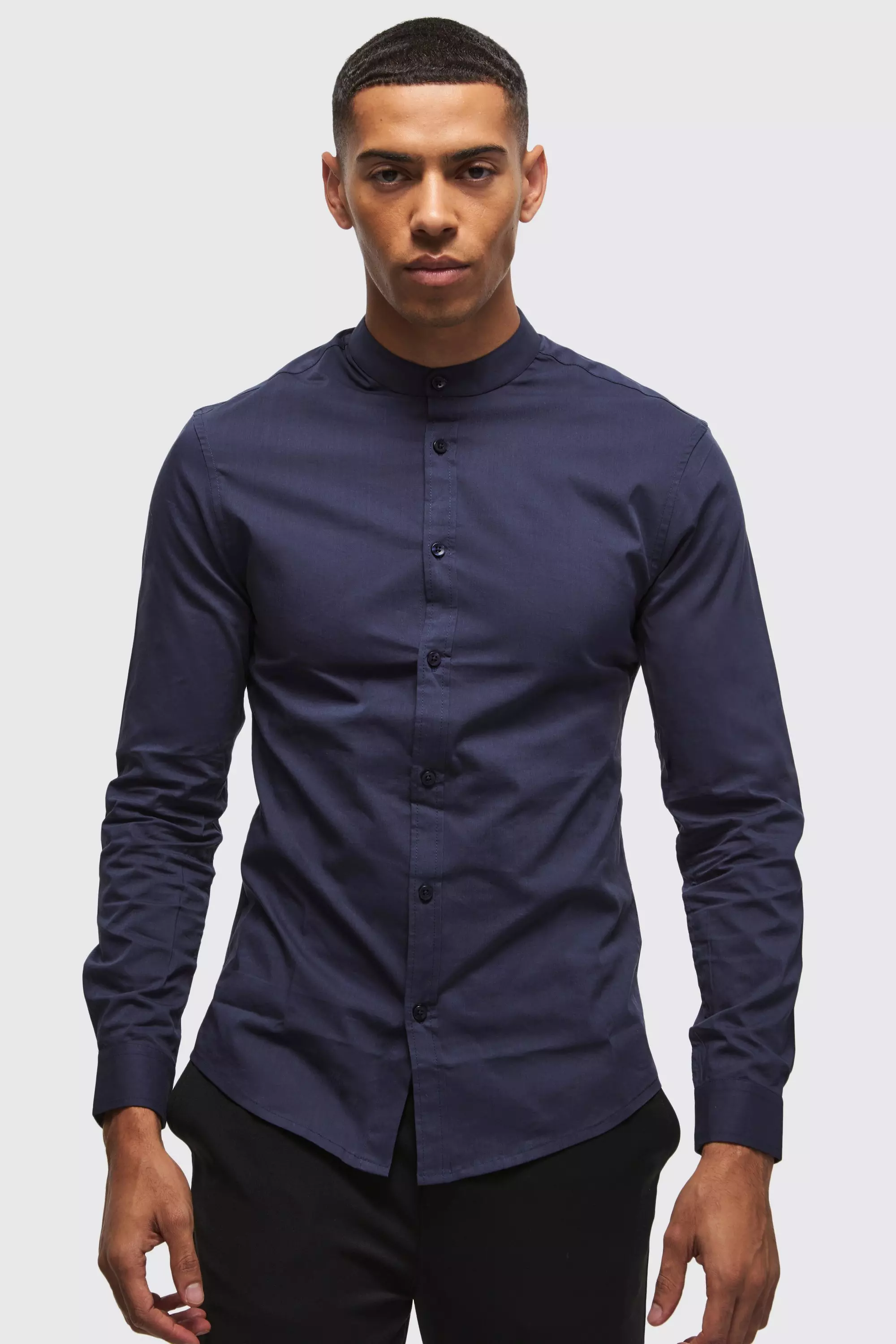 Long Sleeve Grandad Collar Slim Shirt Navy