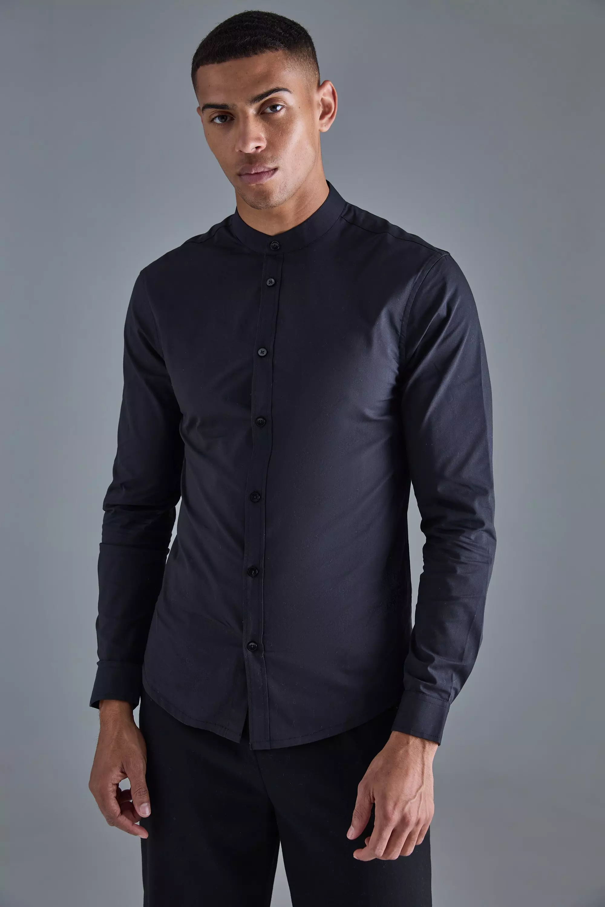 Long Sleeve Grandad Collar Slim Shirt Black