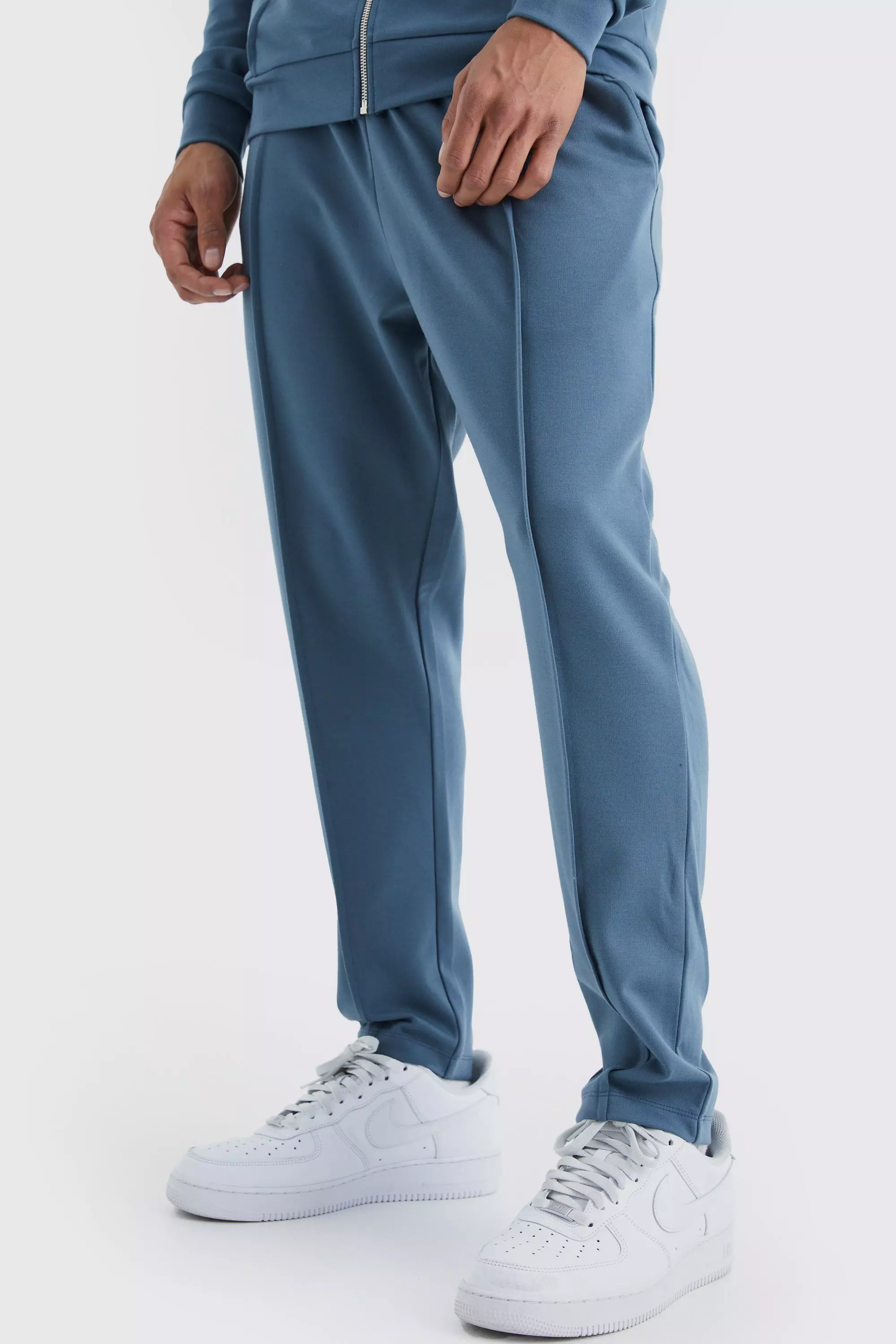 Slim Tapered Elastic Waist Pintuck Crop Sweatpants slate blue