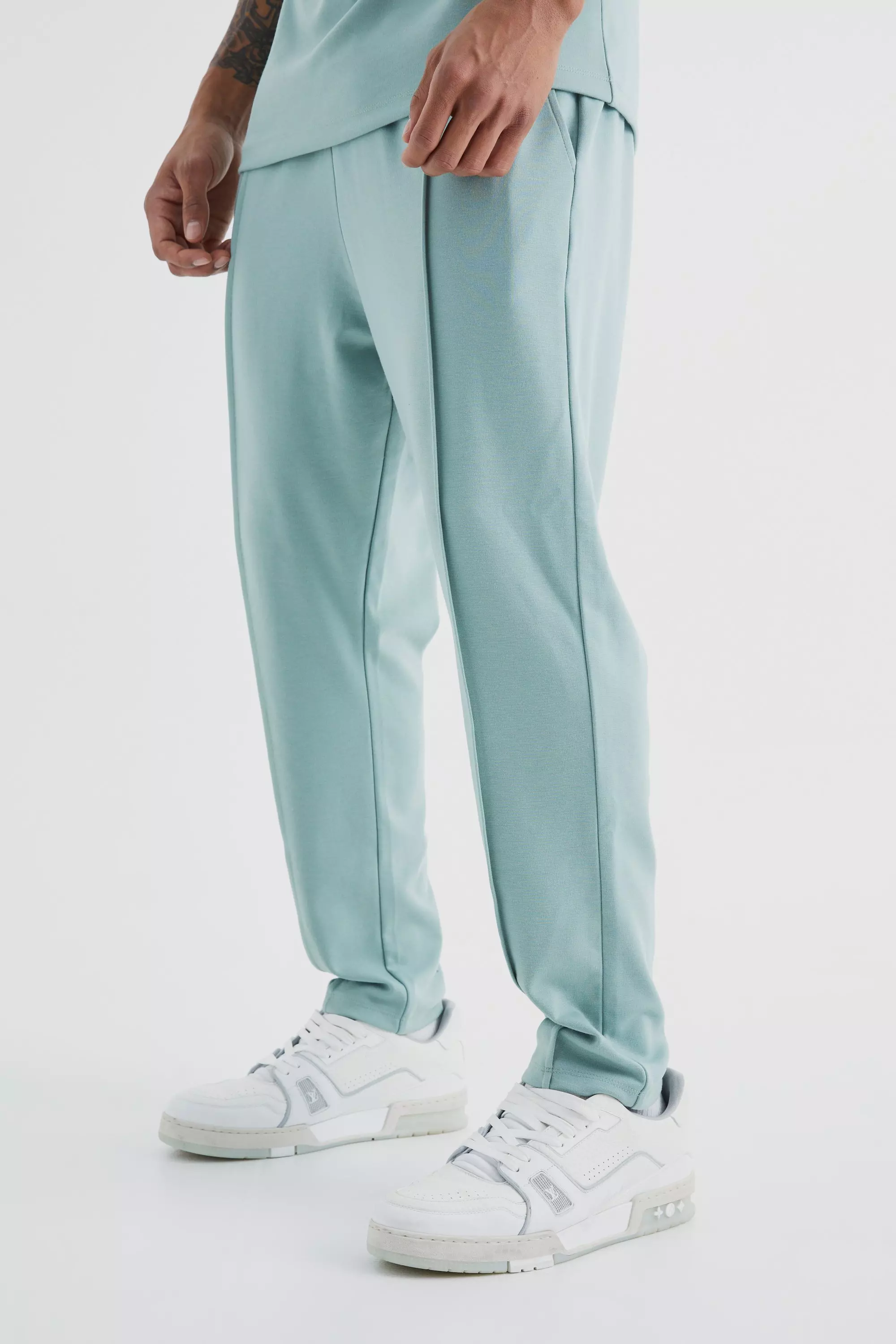 Green Slim Tapered Elastic Waist Pintuck Crop Sweatpants