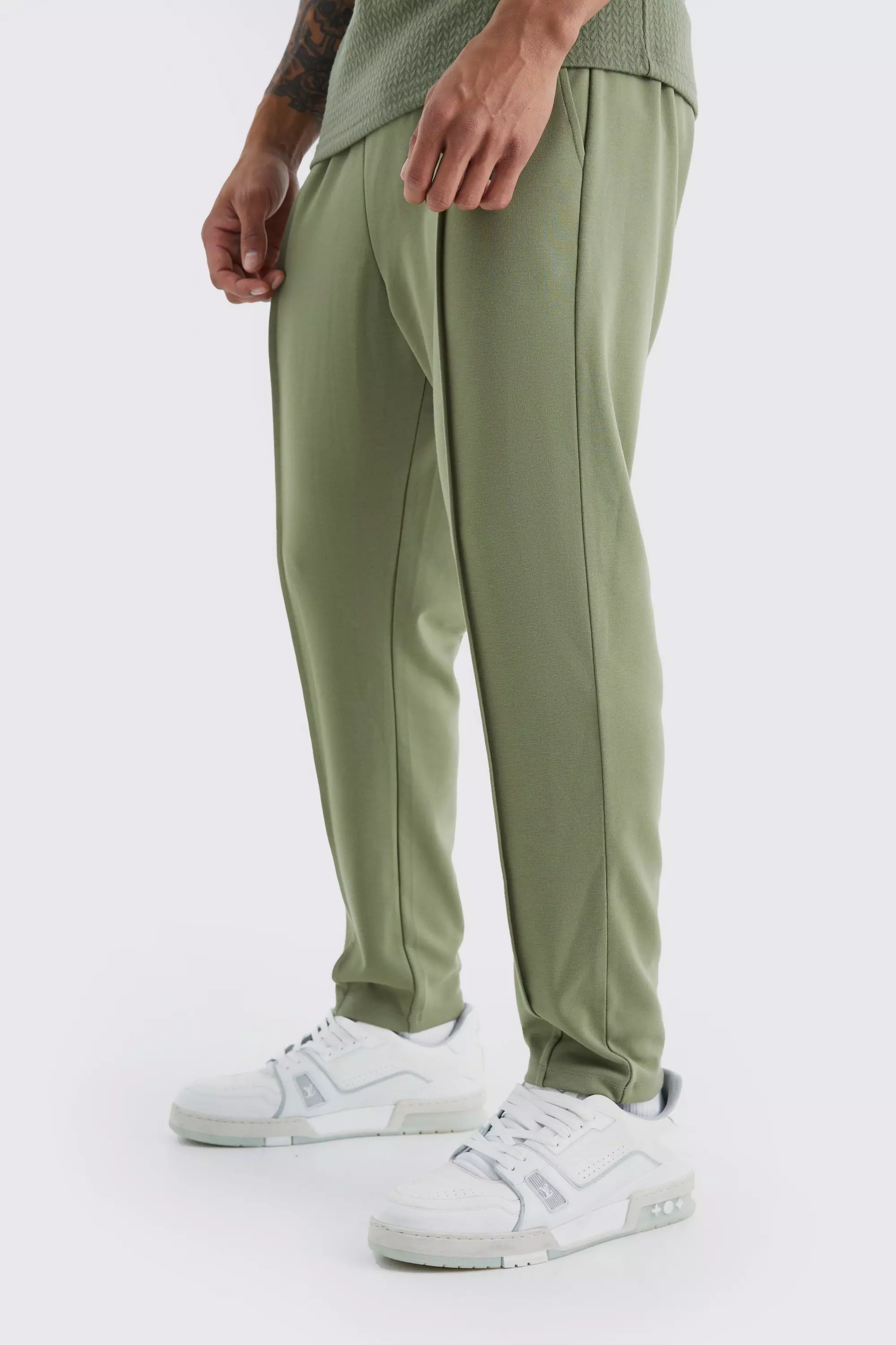 Slim Tapered Elastic Waist Pintuck Crop Sweatpants Olive